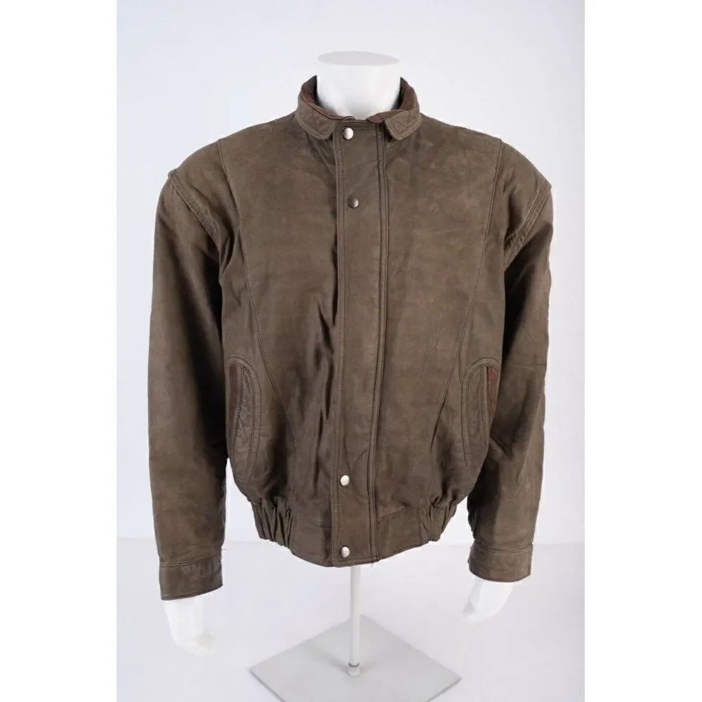 Members Only Men Olive Green Leather Bomber Jacket